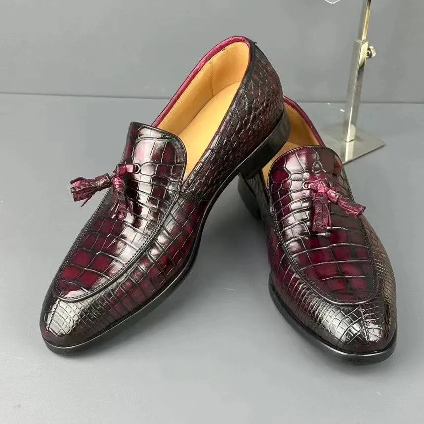 Crocodile Shoes Men's Crocodile Leather Loafers Slip-On Dress Shoes Vintage Wine Red Simple Step Secure fit