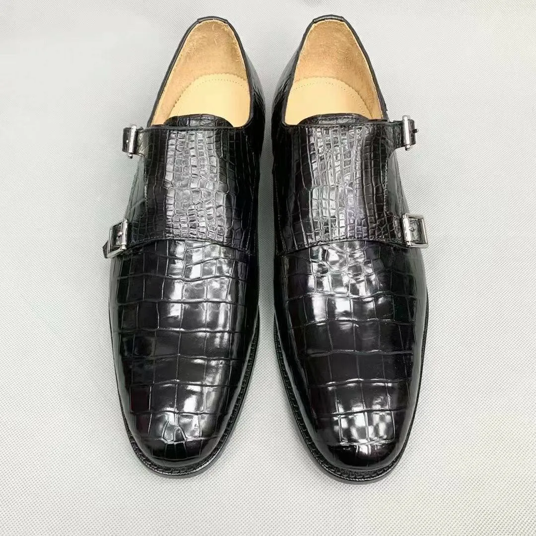 Crocodile Shoes Men's Crocodile Leather Monk Strap Business Dress Shoes Fund Mood