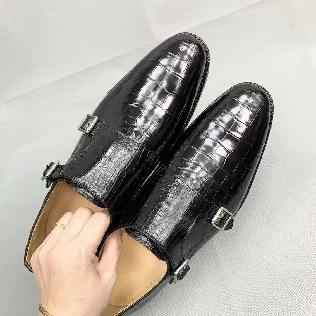 Nordic Ease Crocodile Shoes Men's Crocodile Leather Monk Strap Business Dress Shoes