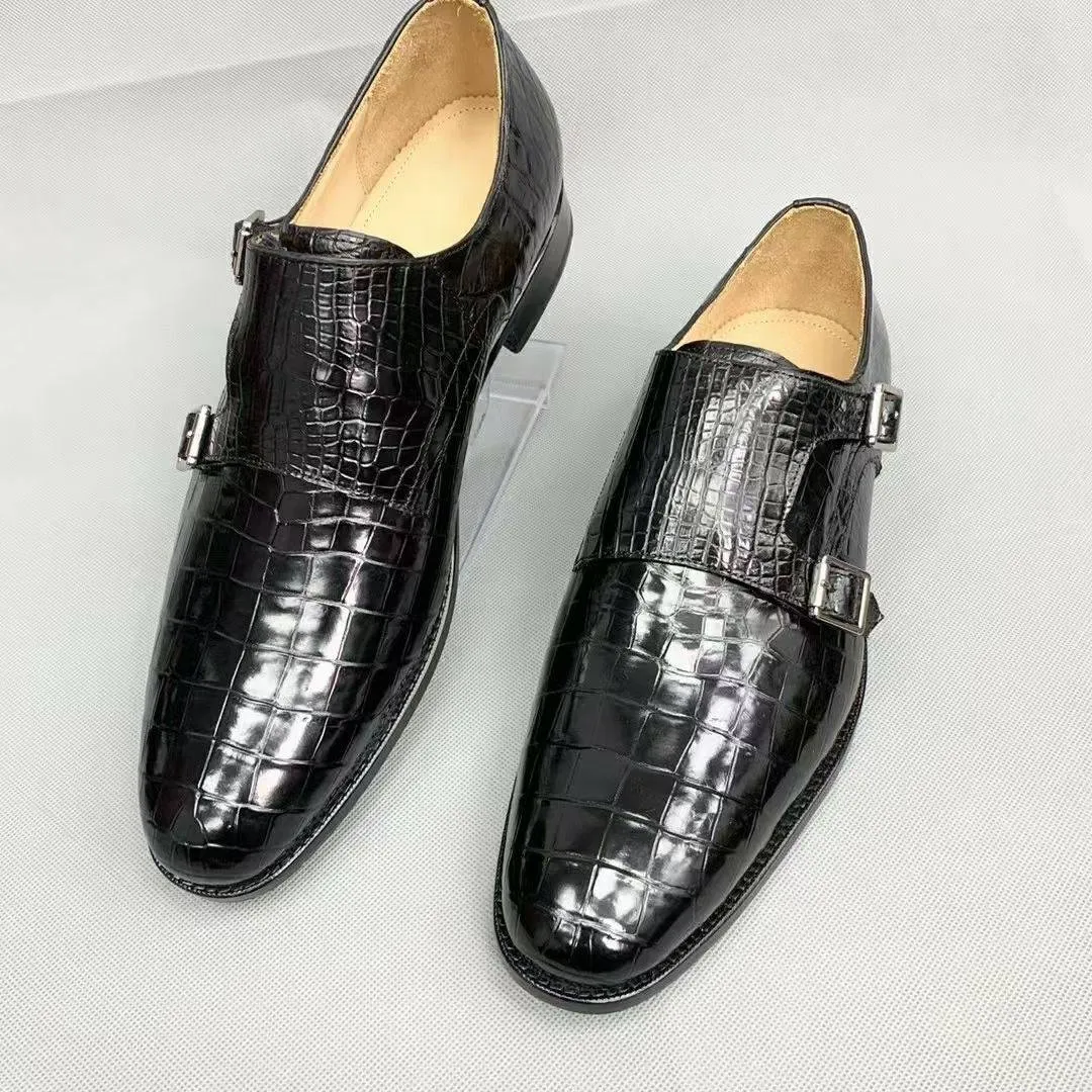 Ship Glow Crocodile Shoes Men's Crocodile Leather Monk Strap Business Dress Shoes