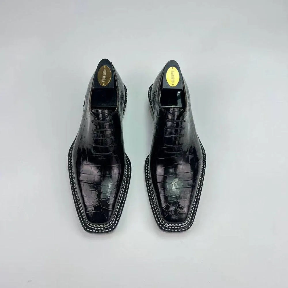 Canvas Material Crocodile Shoes Men's Crocodile Leather Norwegian Sewn Seam 4 Lines Sole  Lace Up Dress Shoes Black