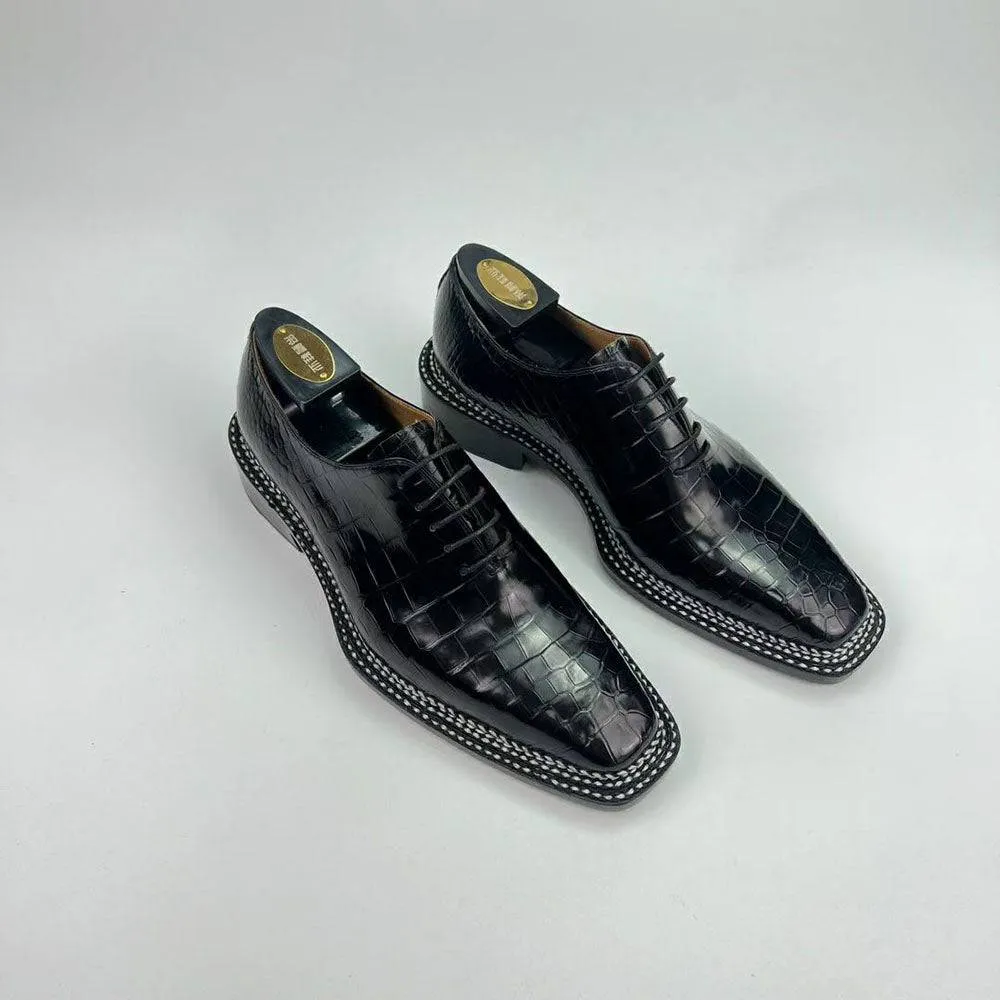 Crocodile Shoes Men's Crocodile Leather Norwegian Sewn Seam 4 Lines Sole  Lace Up Dress Shoes Black Comfort Straps Wild Path