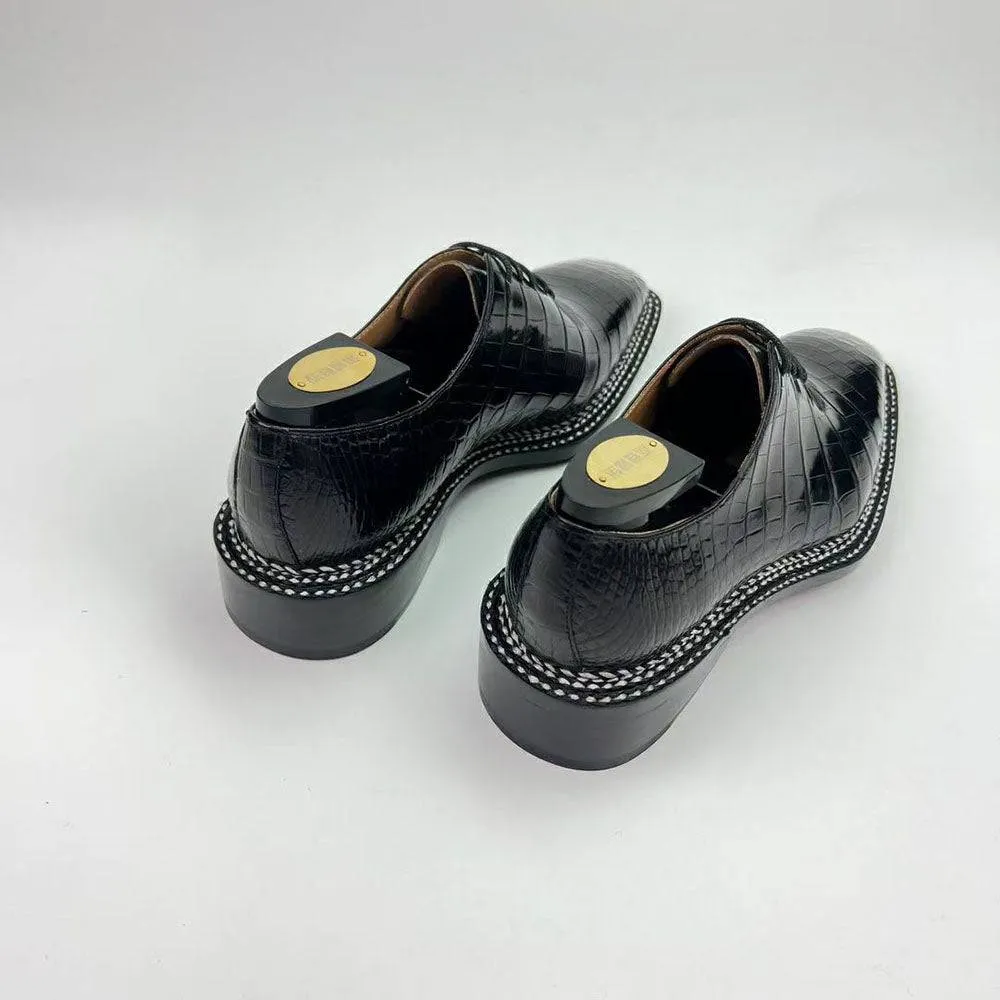 Crocodile Shoes Men's Crocodile Leather Norwegian Sewn Seam 4 Lines Sole  Lace Up Dress Shoes Black Shore Glow Water Edge