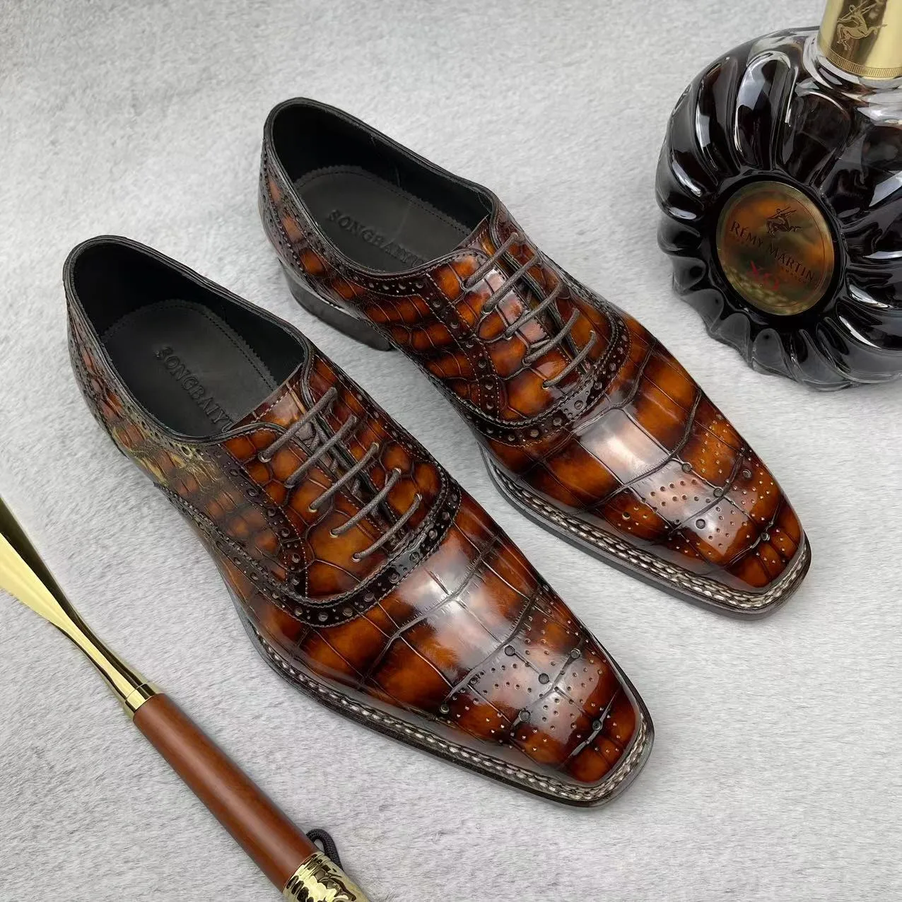 Field Mood Ferry Dock Crocodile Shoes Men's  Crocodile Leather Norwegian Stitch Lace Up Shoes