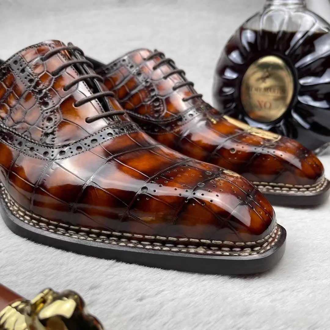 Easygoing Wear Removable Crocodile Shoes Men's  Crocodile Leather Norwegian Stitch Lace Up Shoes