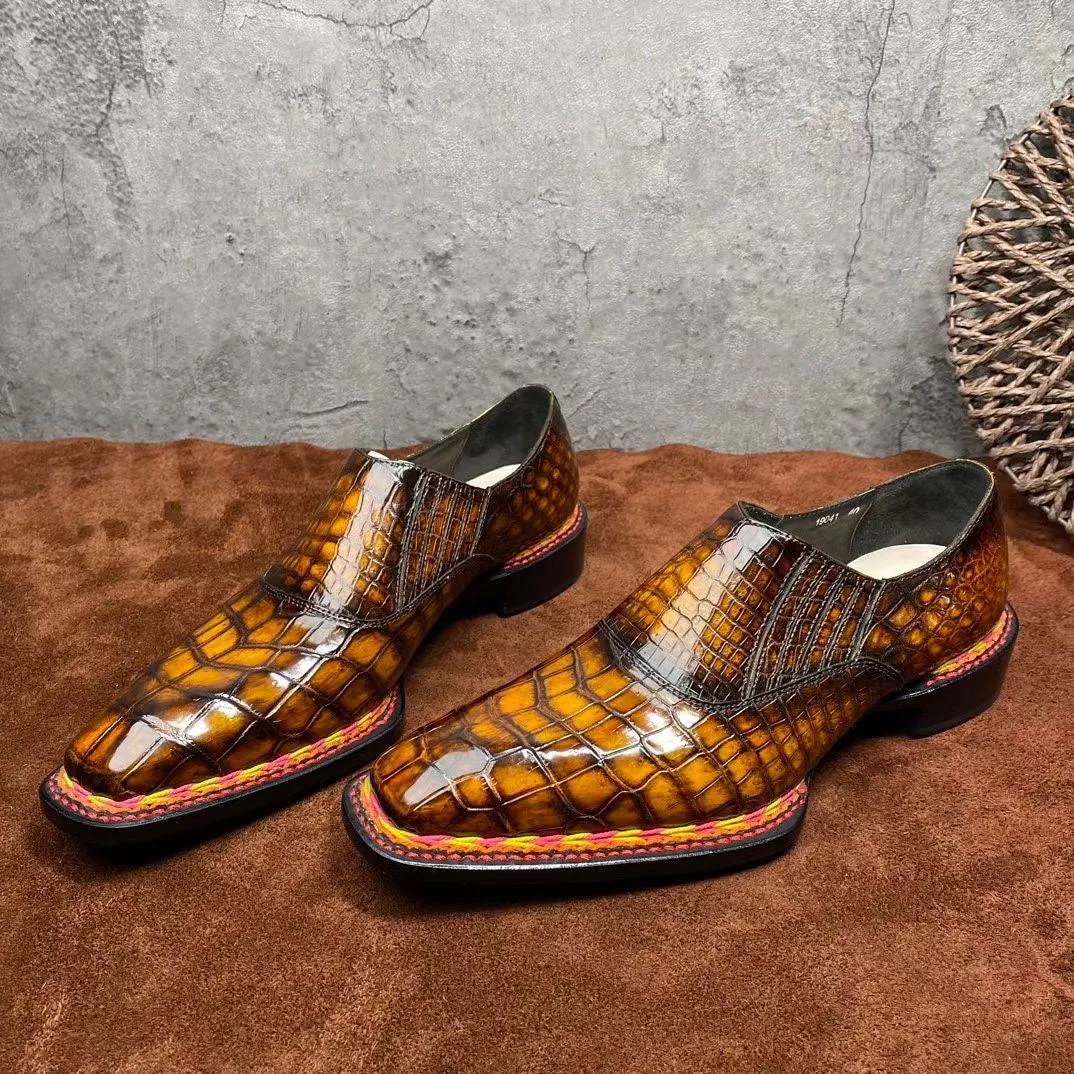 Arch Fit Flexible Flats Crocodile Shoes Men's  Crocodile Leather  Norwegian Stitching Lace Up Dress Shoes Vintage Brown