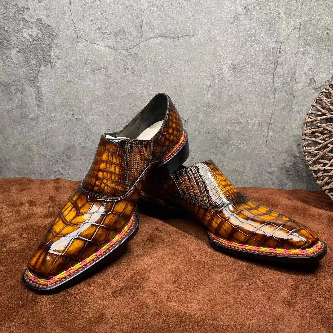 Crocodile Shoes Men's  Crocodile Leather  Norwegian Stitching Lace Up Dress Shoes Vintage Brown Non-Slip Design