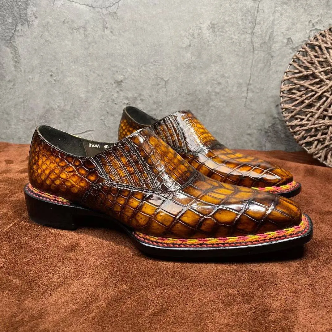 Harbor Dock Comfortable Crocodile Shoes Men's  Crocodile Leather  Norwegian Stitching Lace Up Dress Shoes Vintage Brown