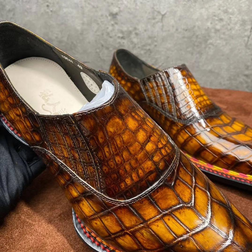 Work Ready city trip Crocodile Shoes Men's  Crocodile Leather  Norwegian Stitching Lace Up Dress Shoes Vintage Brown