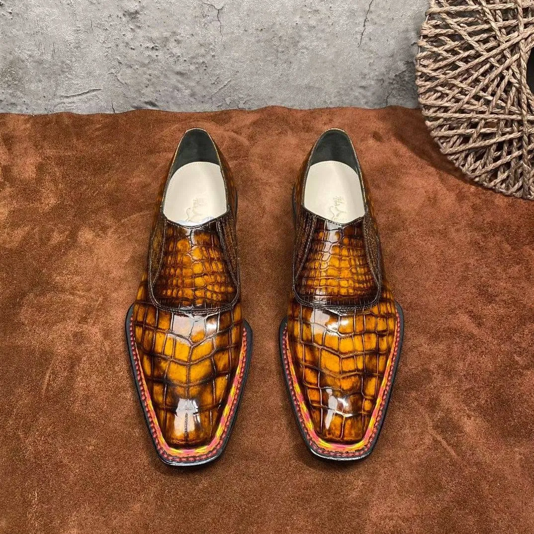 Crocodile Shoes Men's  Crocodile Leather  Norwegian Stitching Lace Up Dress Shoes Vintage Brown Cozy Day