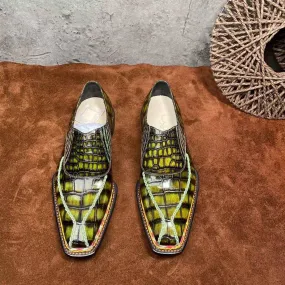 Ice Path Crocodile Shoes Men's  Crocodile Leather  Norwegian Stitching Lace Up Dress Shoes Vintage Yellow
