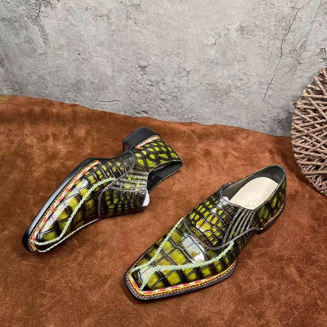 Crocodile Shoes Men's  Crocodile Leather  Norwegian Stitching Lace Up Dress Shoes Vintage Yellow Music Mood