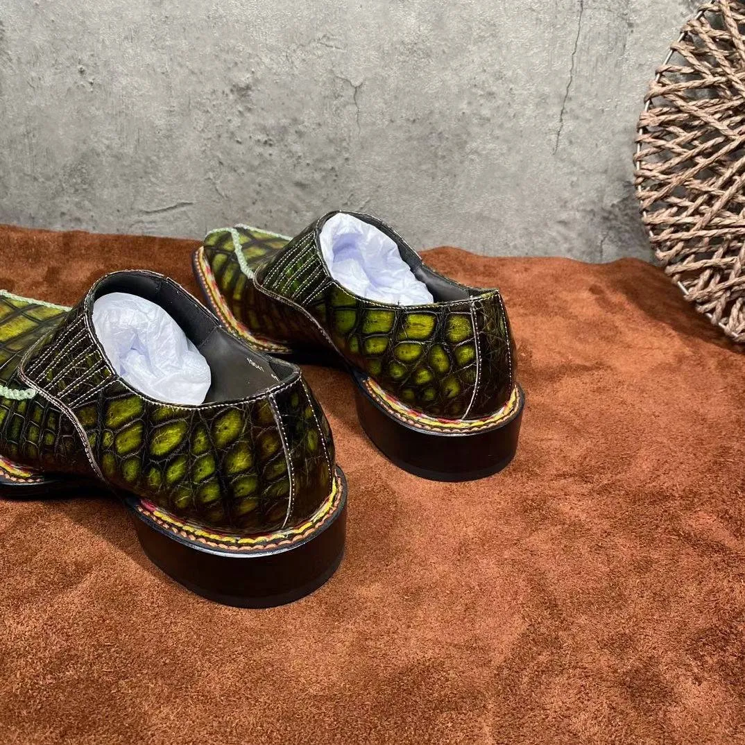 Crocodile Shoes Men's  Crocodile Leather  Norwegian Stitching Lace Up Dress Shoes Vintage Yellow Minimalist