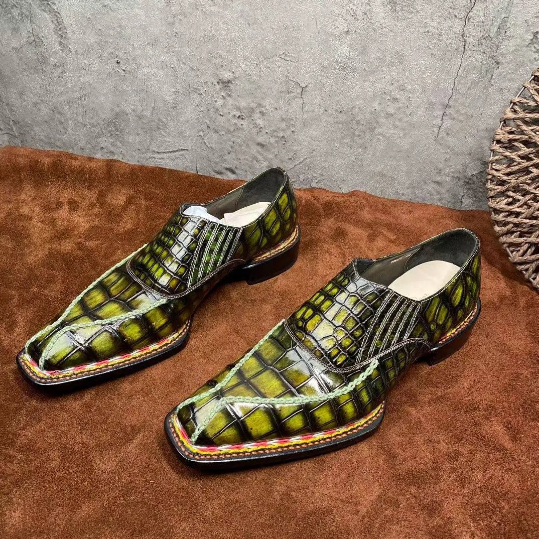 Crocodile Shoes Men's  Crocodile Leather  Norwegian Stitching Lace Up Dress Shoes Vintage Yellow Health Mood Comfort sole