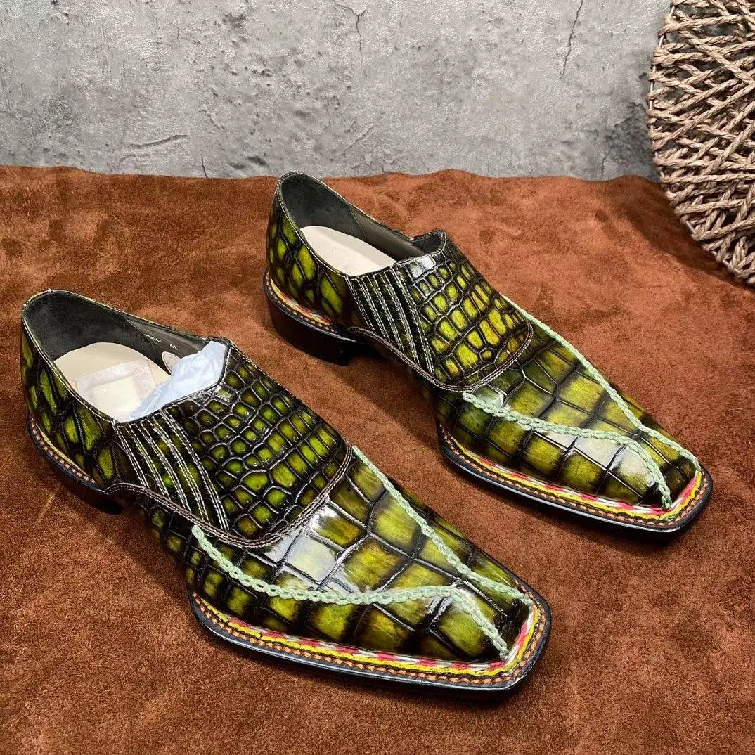 Ventilated Sling Back Crocodile Shoes Men's  Crocodile Leather  Norwegian Stitching Lace Up Dress Shoes Vintage Yellow
