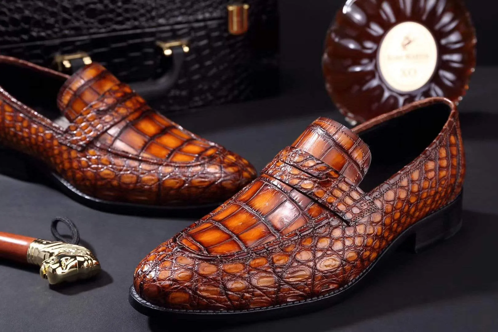 Design Glow Crocodile Shoes Mens Crocodile Leather Penny Loafer Shoes Vintage Brown