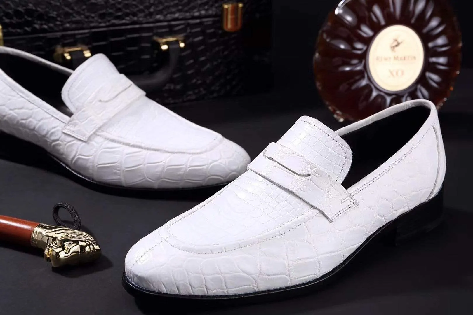 Easy Slip-On Design Crocodile Shoes Mens Crocodile Leather Penny Loafer Shoes White