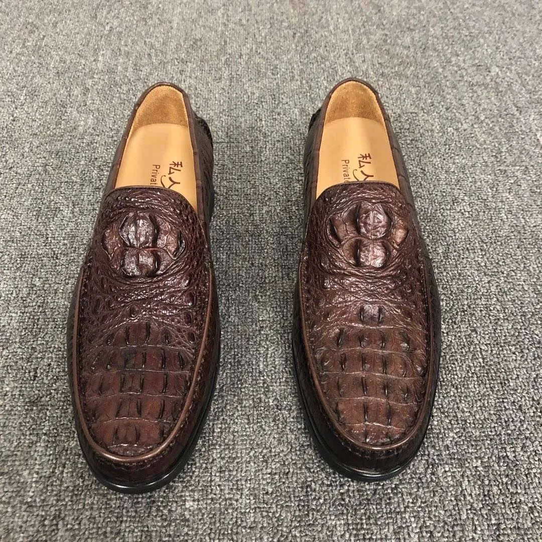 Crocodile Shoes Mens Crocodile Leather Penny Slip-On Driving Loafer Shoes Sand Path