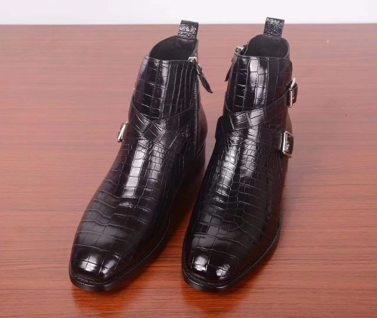 Crocodile Shoes Mens Crocodile Leather Side Zipper Double Crossed Strap Boots Patent Shine Four Season