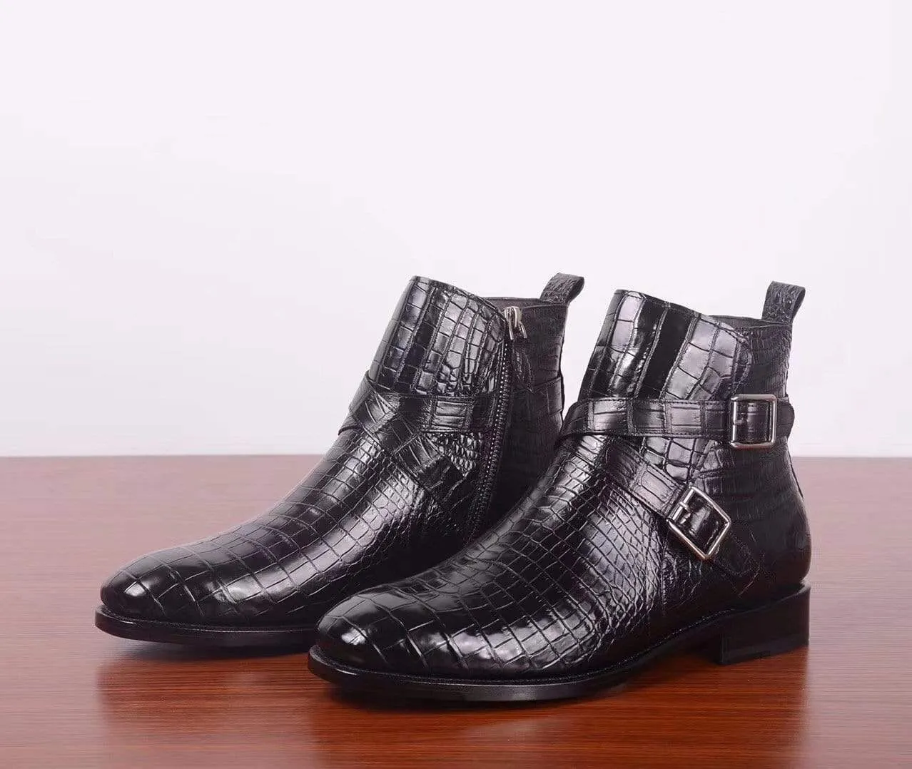 Rain Drop Gift Walk Crocodile Shoes Mens Crocodile Leather Side Zipper Double Crossed Strap Boots