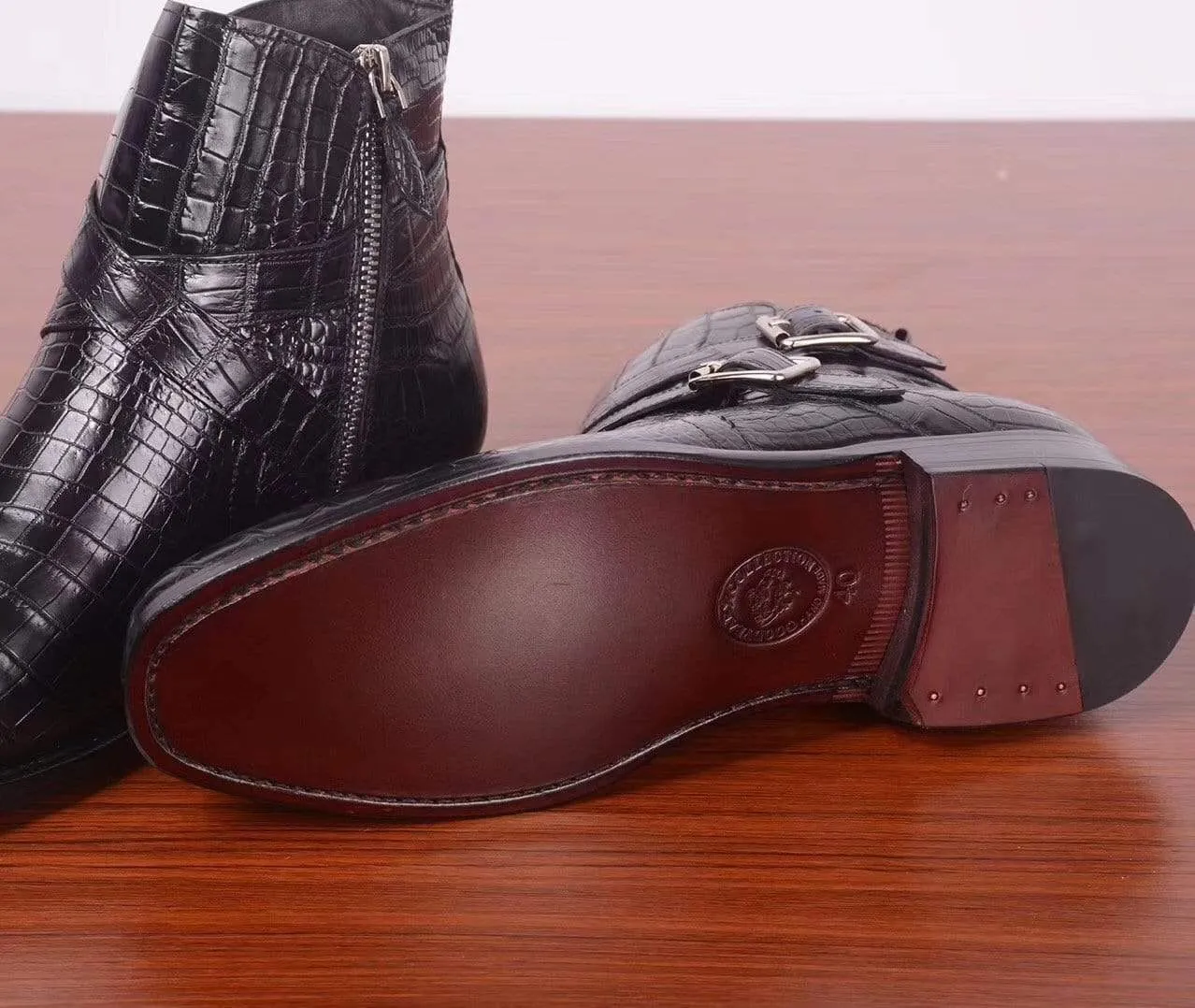 Crocodile Shoes Mens Crocodile Leather Side Zipper Double Crossed Strap Boots Formal Style Breathable Sole