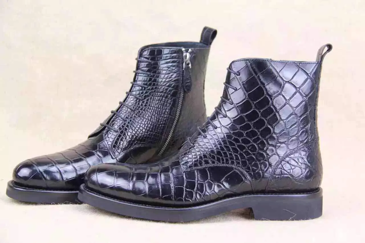 kids wear Effortless Style Crocodile Shoes Mens Crocodile Leather  Side Zipper  Lace Up  Boots