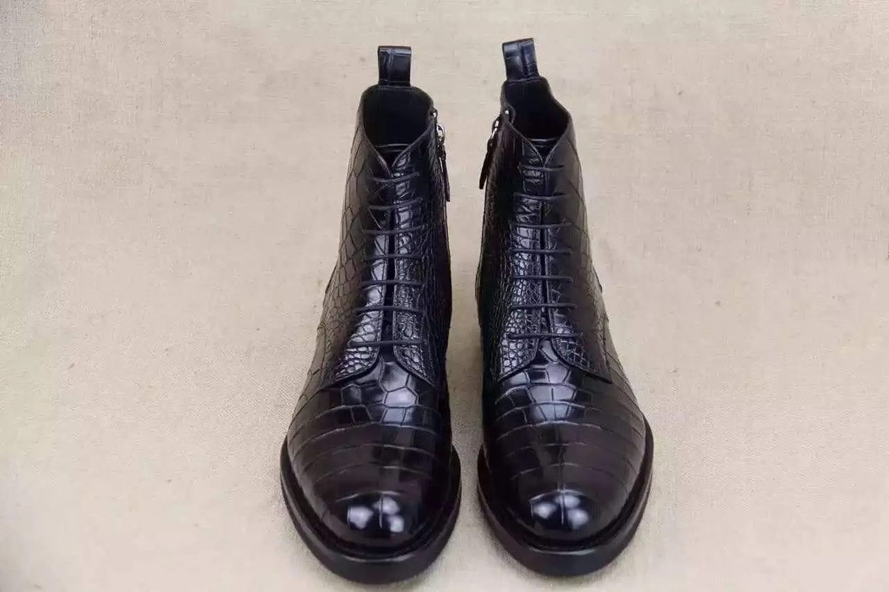 Crocodile Shoes Mens Crocodile Leather  Side Zipper  Lace Up  Boots Functional Walking Shoes