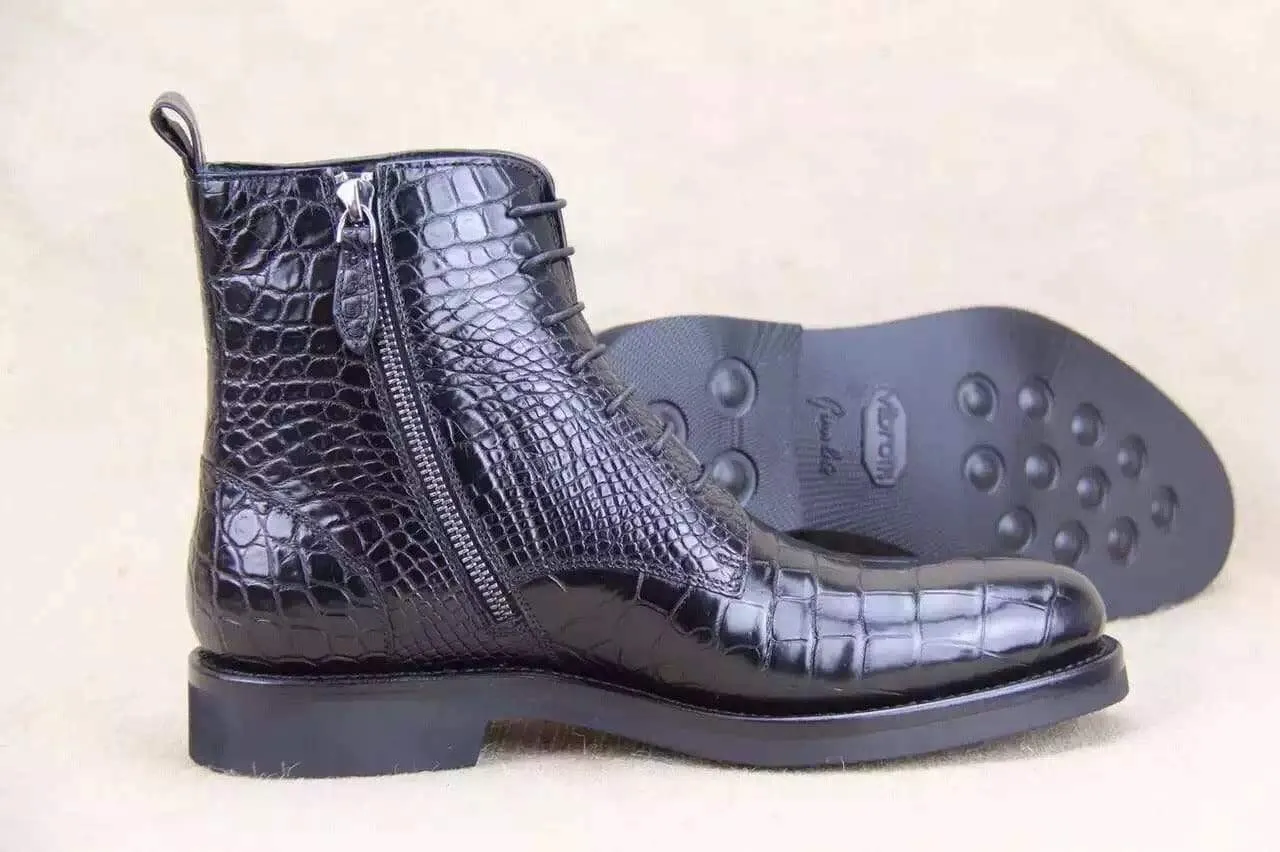 Wedding Glow Crocodile Shoes Mens Crocodile Leather  Side Zipper  Lace Up  Boots
