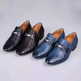 Crocodile Shoes Men's Exotic Ostrich Leather Bit-Strap Loafer Chic Walking Shoes Kind Glow