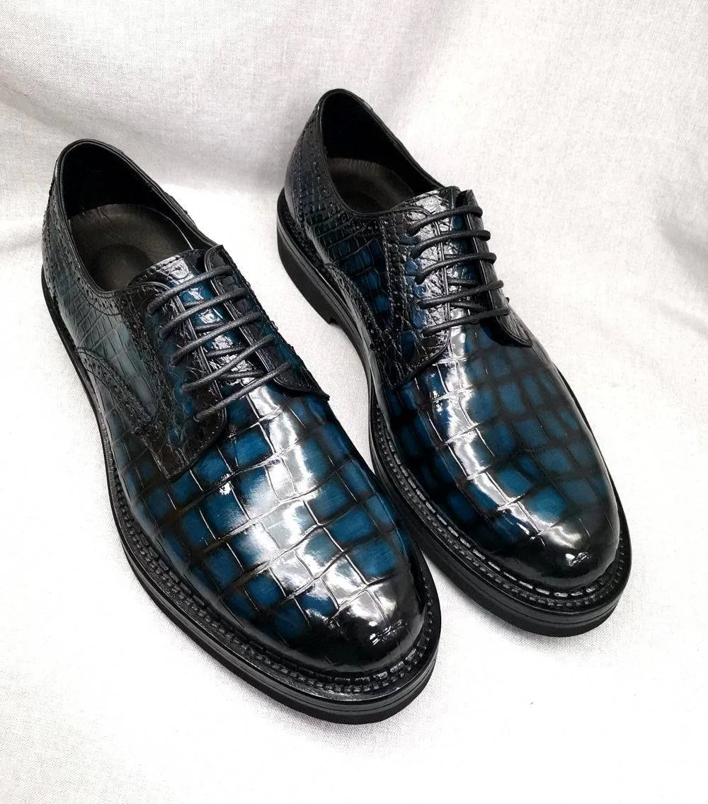 Support Walk All-Occasion Shoes Crocodile Shoes Mens Genuine Crocodile Leather Derby Lace Up Dress Shoe Vintage Blue