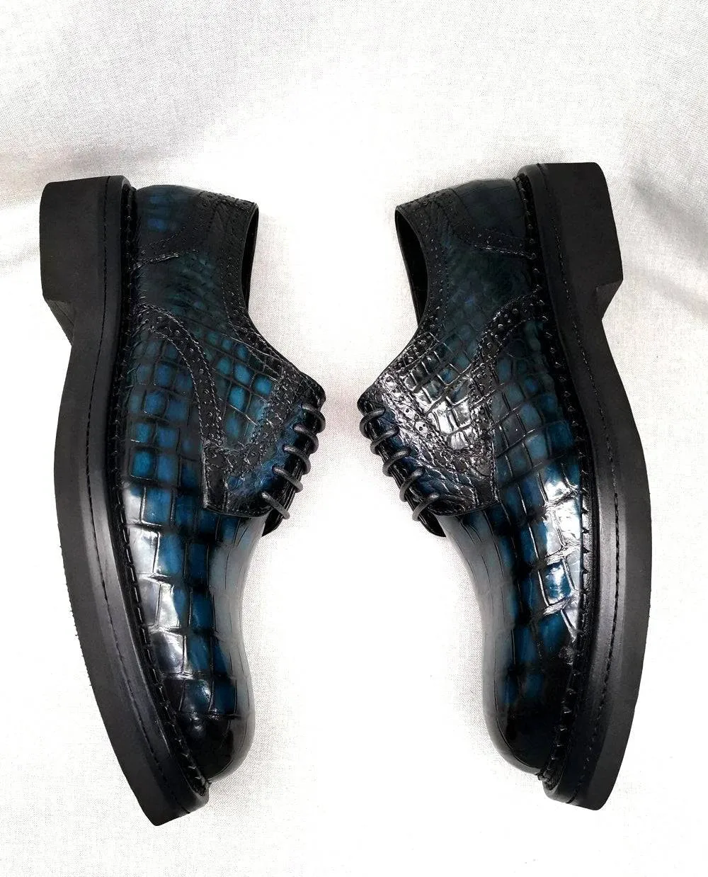 Storm Safe Stylish Cushion Crocodile Shoes Mens Genuine Crocodile Leather Derby Lace Up Dress Shoe Vintage Blue