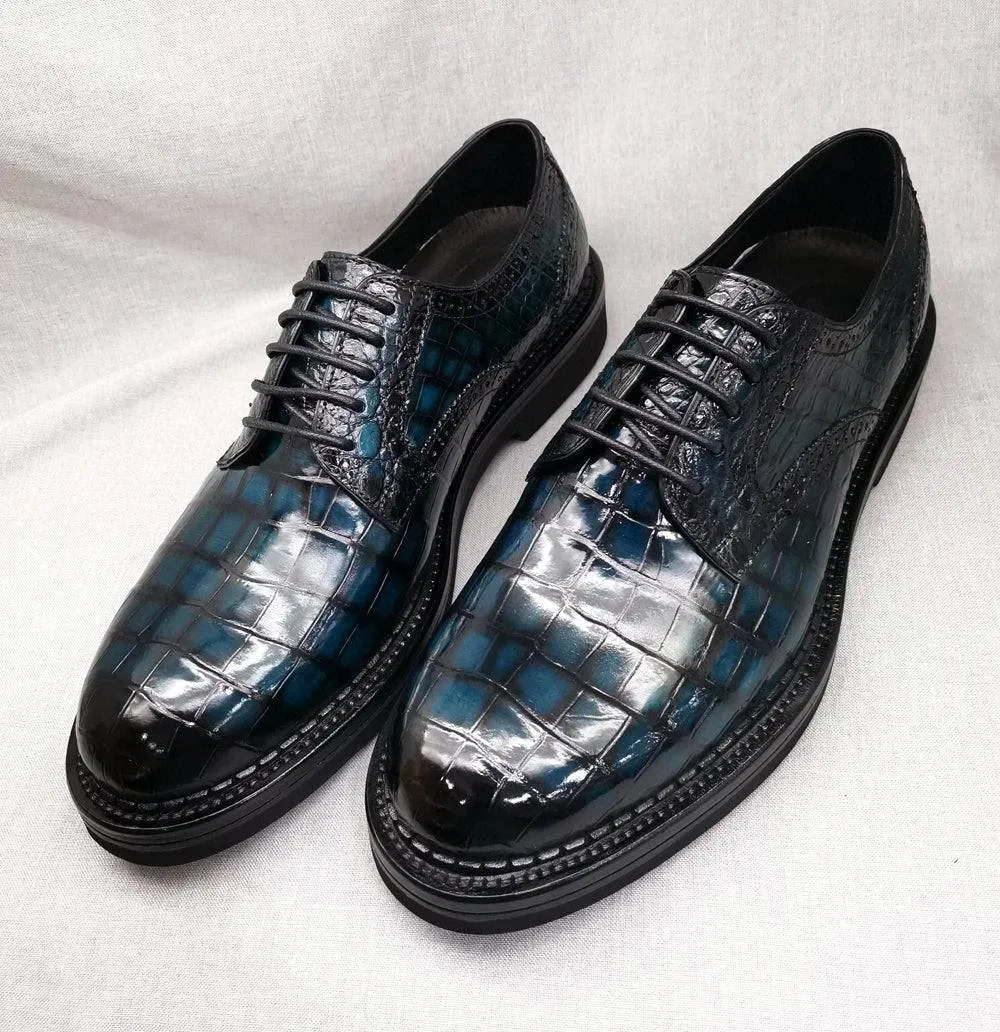 Formal Style Indoor Wear Crocodile Shoes Mens Genuine Crocodile Leather Derby Lace Up Dress Shoe Vintage Blue
