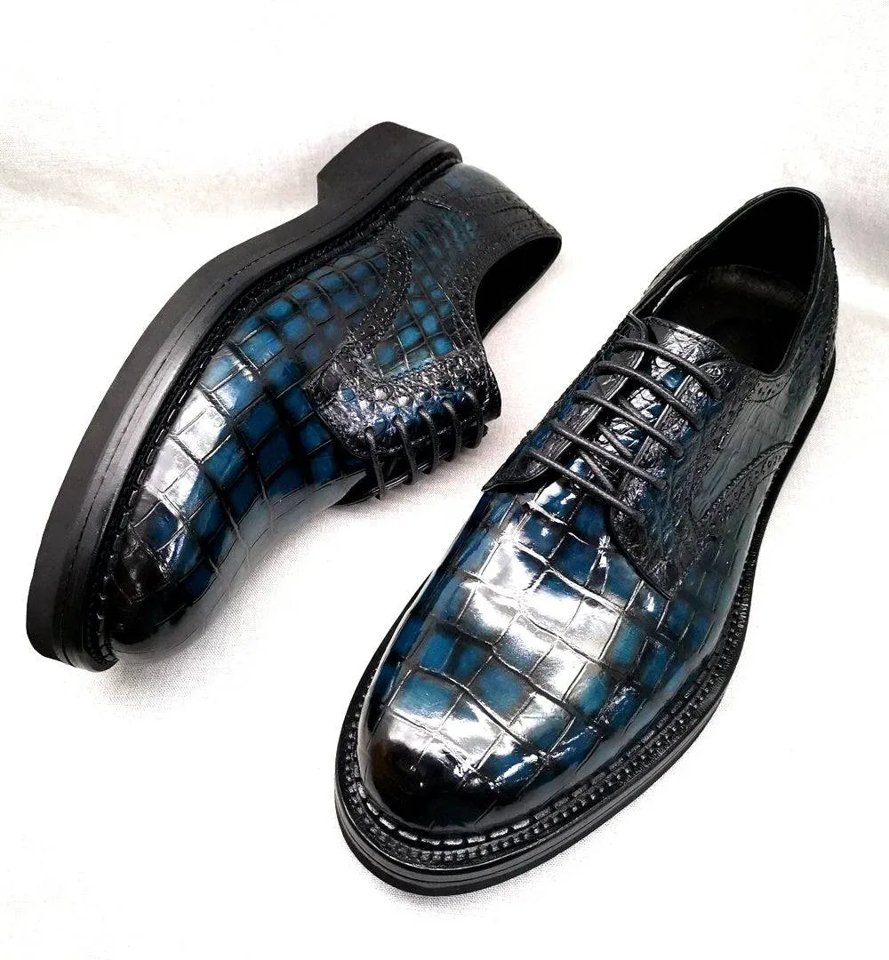 Versatile Design Tread Pattern Crocodile Shoes Mens Genuine Crocodile Leather Derby Lace Up Dress Shoe Vintage Blue