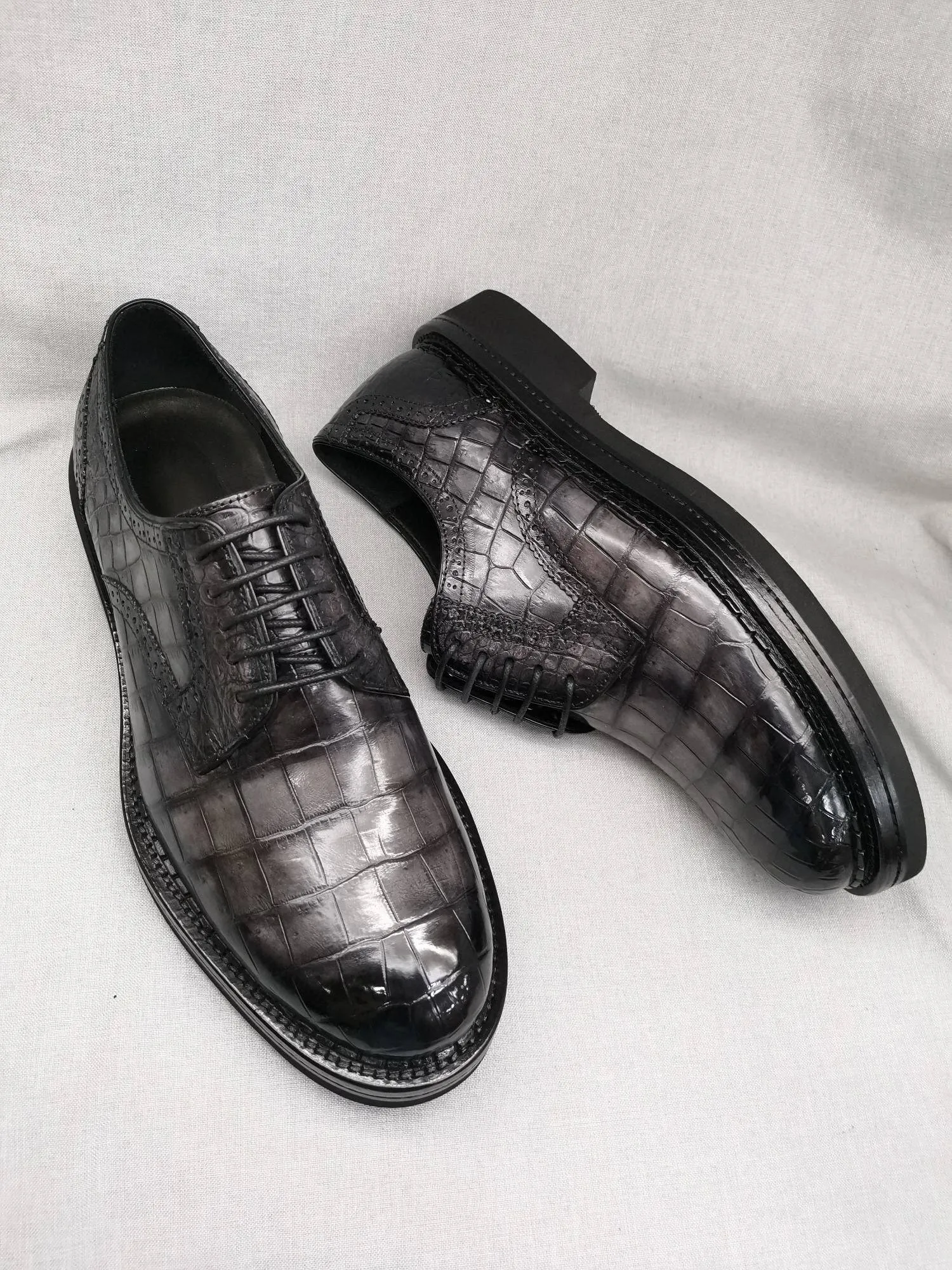 All Purpose Leaf Lane Crocodile Shoes Mens Genuine Crocodile Leather Derby Lace Up Dress Shoe Vintage Grey