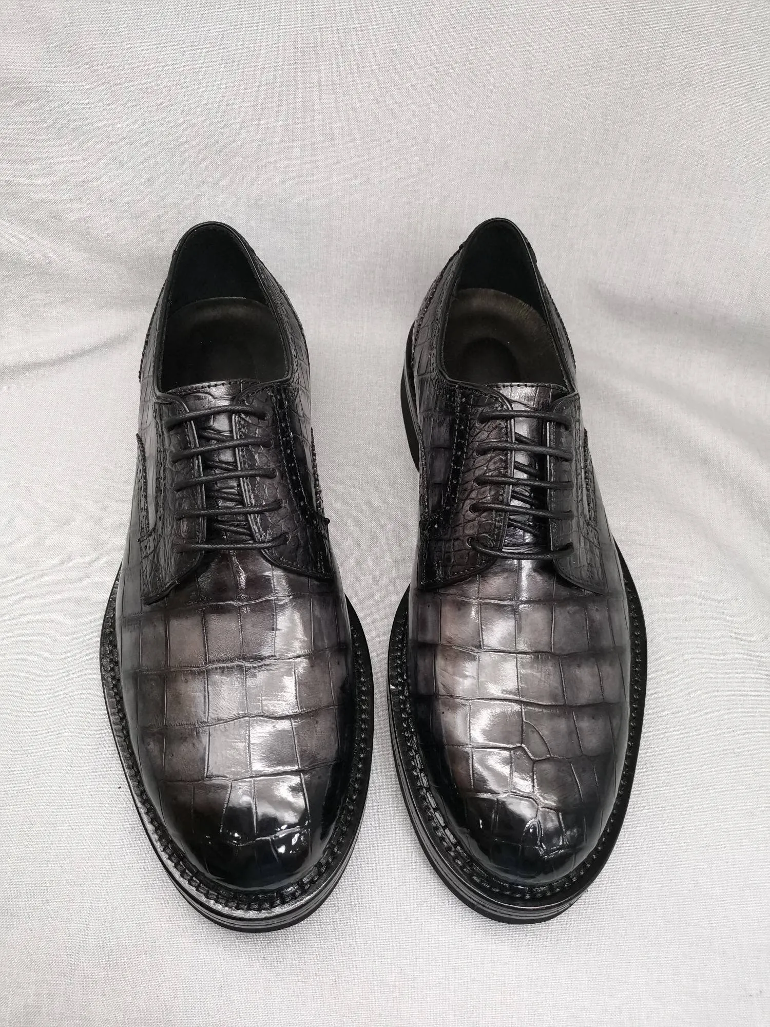 Crocodile Shoes Mens Genuine Crocodile Leather Derby Lace Up Dress Shoe Vintage Grey Shore Line