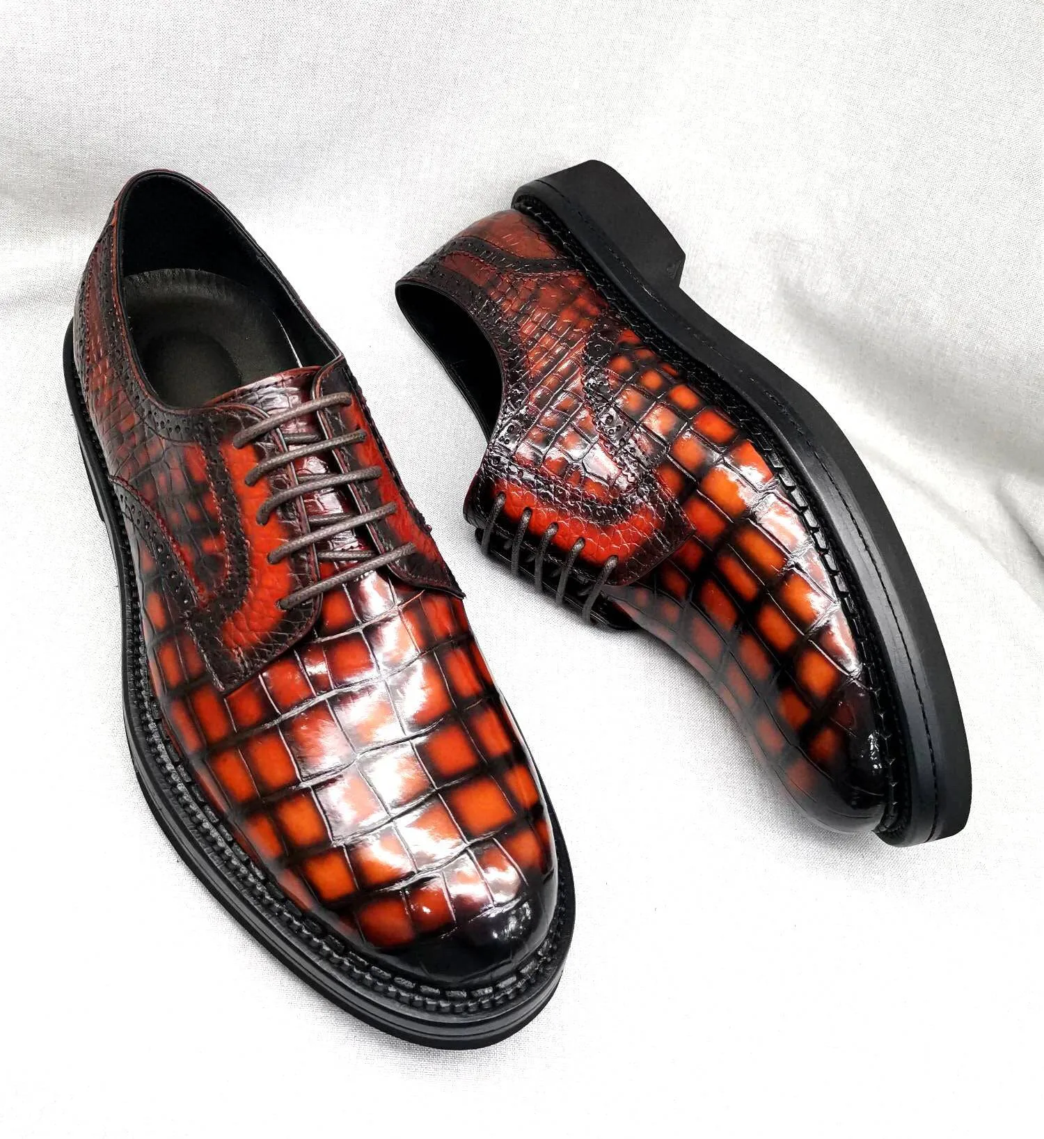 Crocodile Shoes Mens Genuine Crocodile Leather Derby Lace Up Dress Shoe Vintage Orange Gift Mood