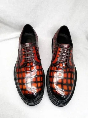 Light Design Crocodile Shoes Mens Genuine Crocodile Leather Derby Lace Up Dress Shoe Vintage Orange