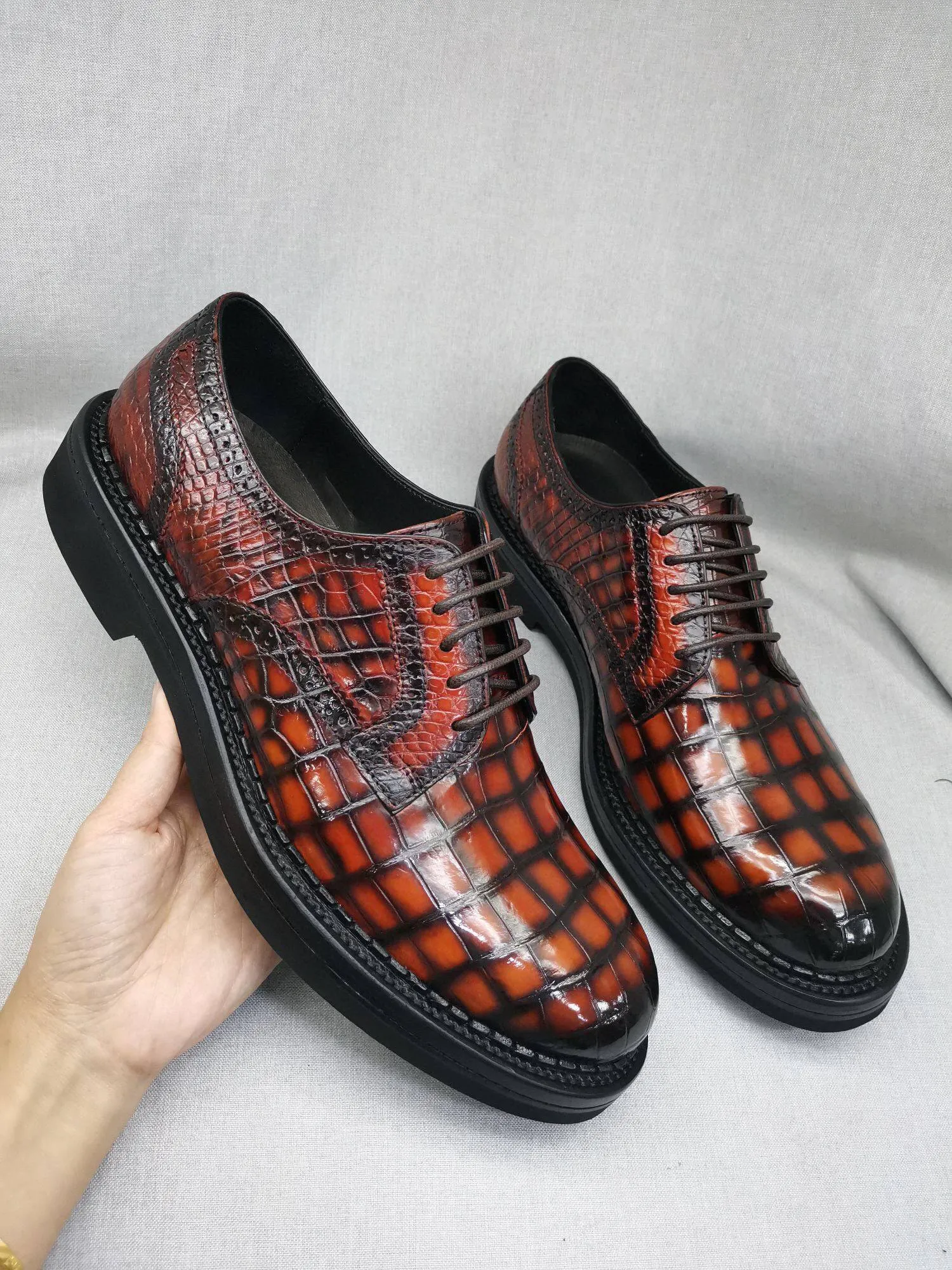 Toe room Practical Comfort Crocodile Shoes Mens Genuine Crocodile Leather Derby Lace Up Dress Shoe Vintage Orange