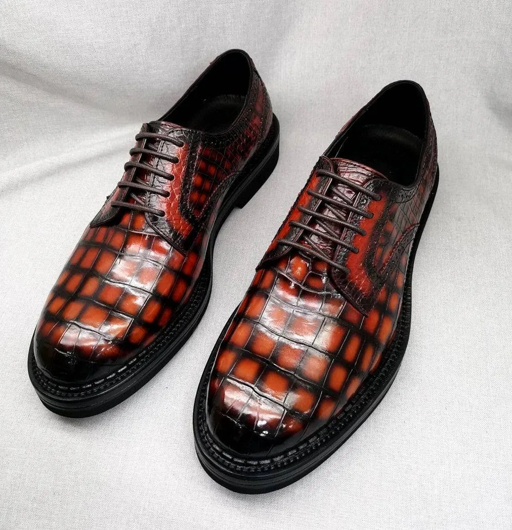 Crocodile Shoes Mens Genuine Crocodile Leather Derby Lace Up Dress Shoe Vintage Orange Race Glow