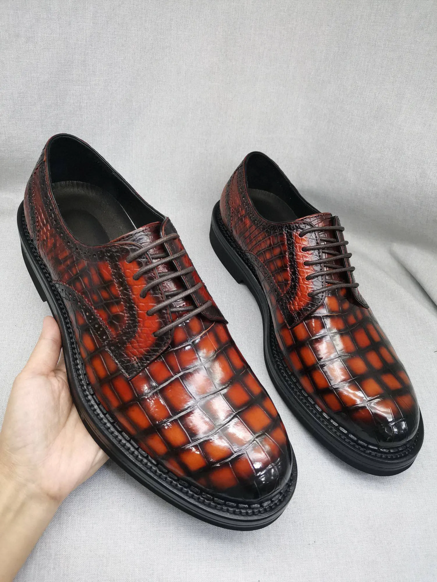 Simple Fit Crocodile Shoes Mens Genuine Crocodile Leather Derby Lace Up Dress Shoe Vintage Orange