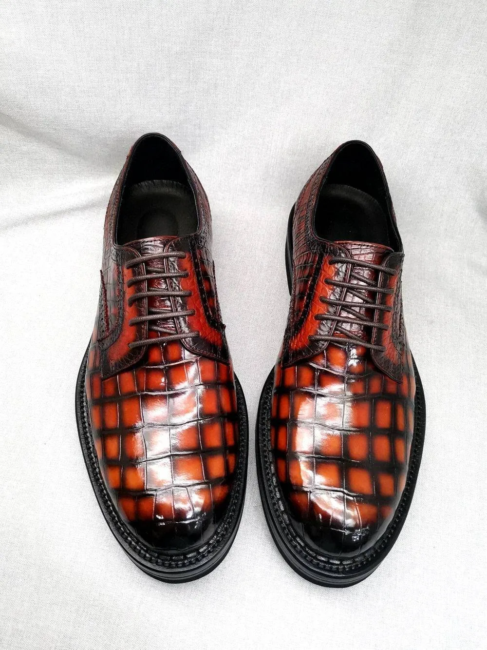 Light Design Crocodile Shoes Mens Genuine Crocodile Leather Derby Lace Up Dress Shoe Vintage Orange