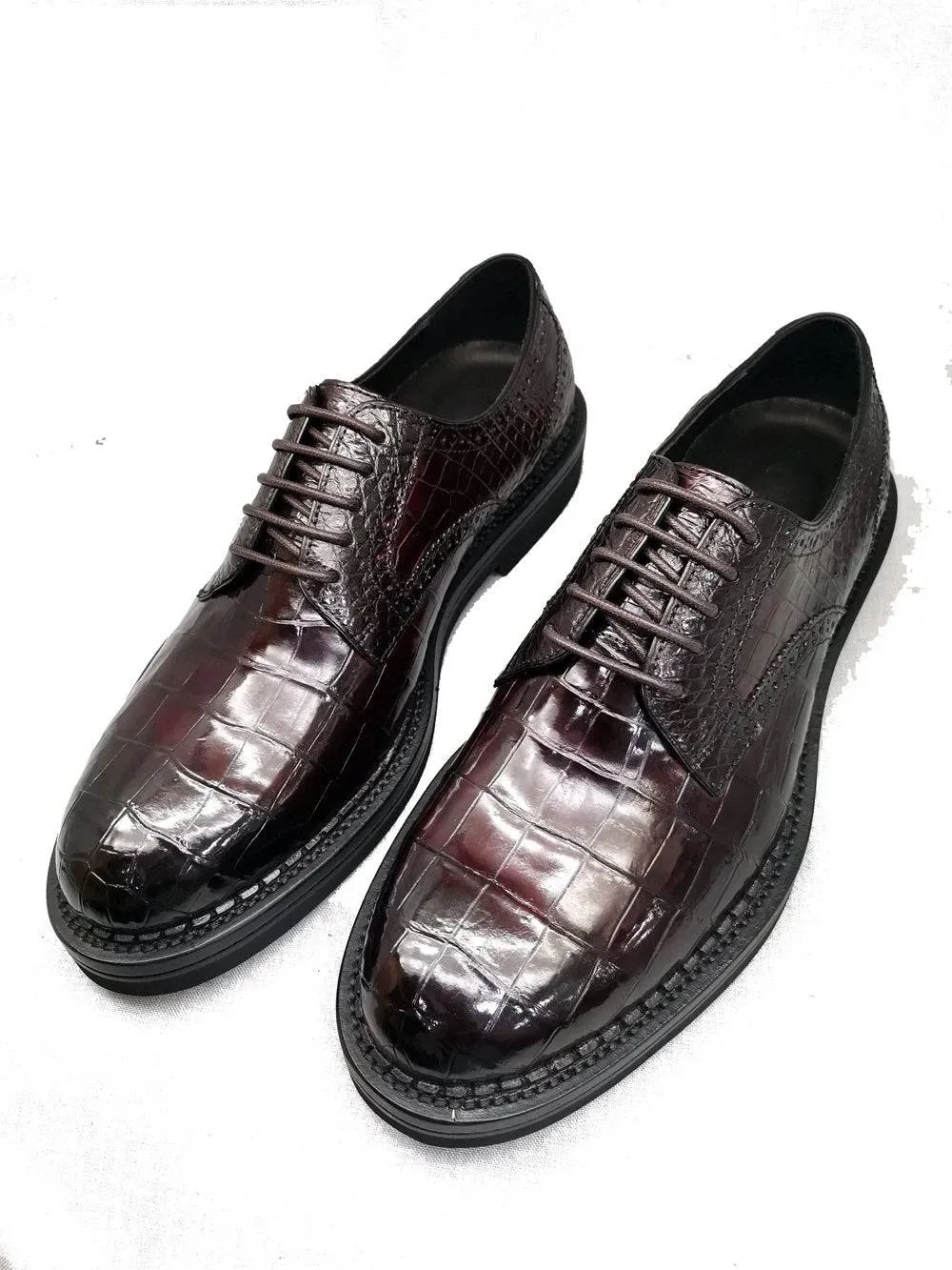 Chic Design Functional Crocodile Shoes Mens Genuine Crocodile Leather Derby Lace Up Dress Shoe Vintage Wine Red
