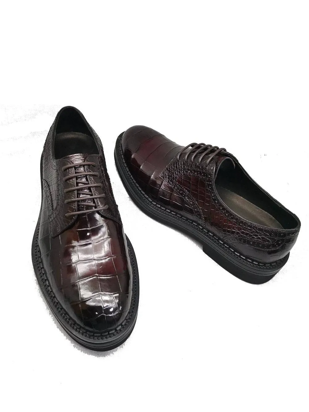 Metal Buckle Crocodile Shoes Mens Genuine Crocodile Leather Derby Lace Up Dress Shoe Vintage Wine Red