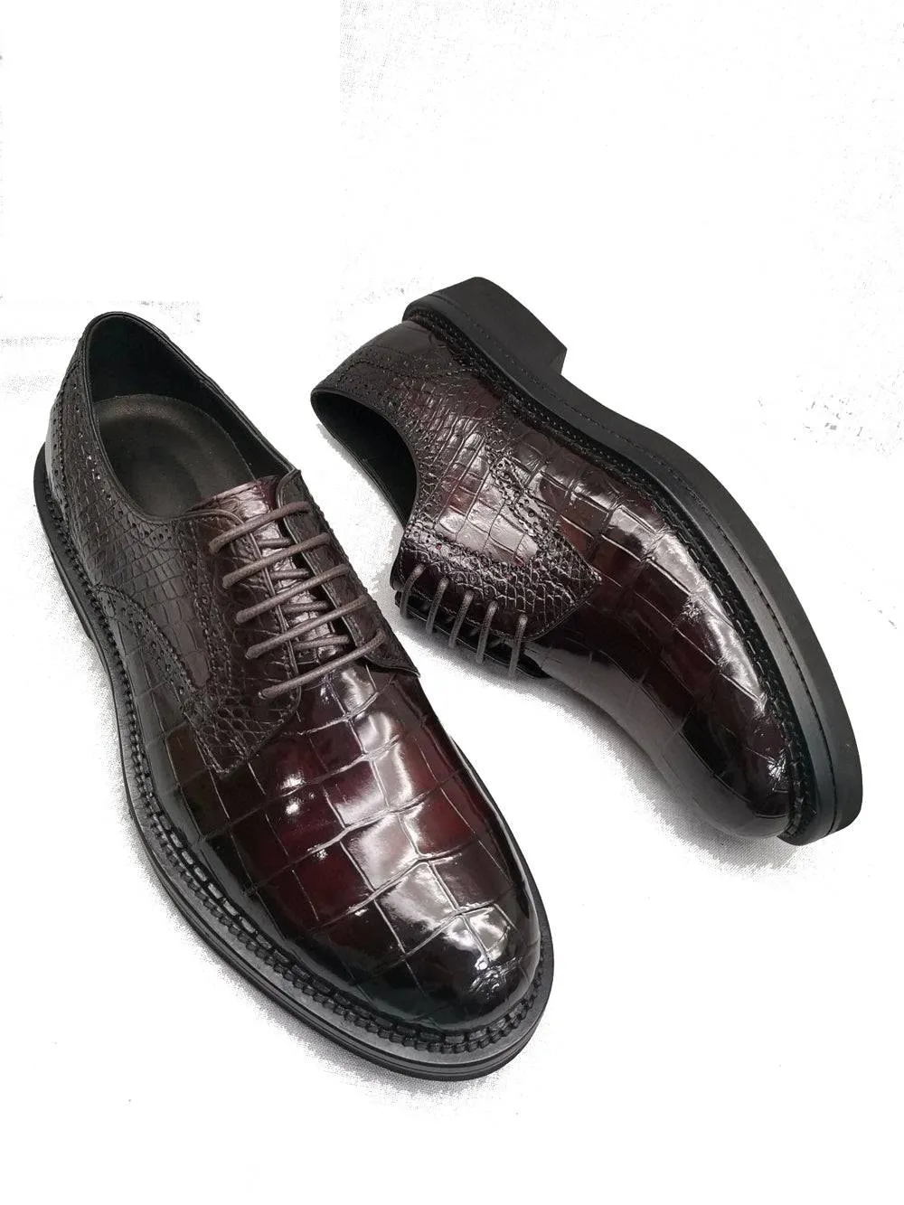 Crocodile Shoes Mens Genuine Crocodile Leather Derby Lace Up Dress Shoe Vintage Wine Red Sweat Free