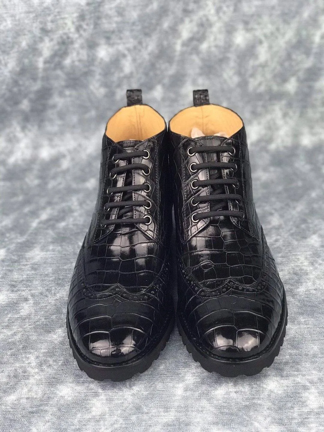 Wave Step Crocodile Shoes Mens Lace up Boots, Mens Genuine Crocodile Skin Leather Boots,Mens Boots