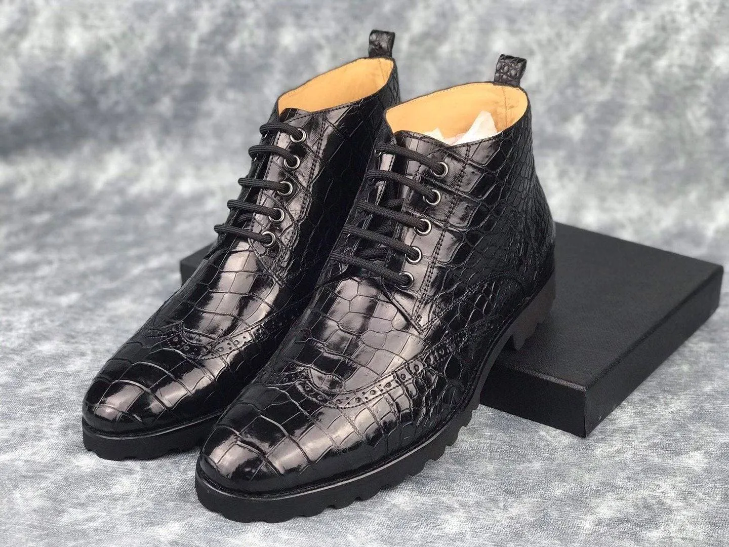 buckle Crocodile Shoes Mens Lace up Boots, Mens Genuine Crocodile Skin Leather Boots,Mens Boots