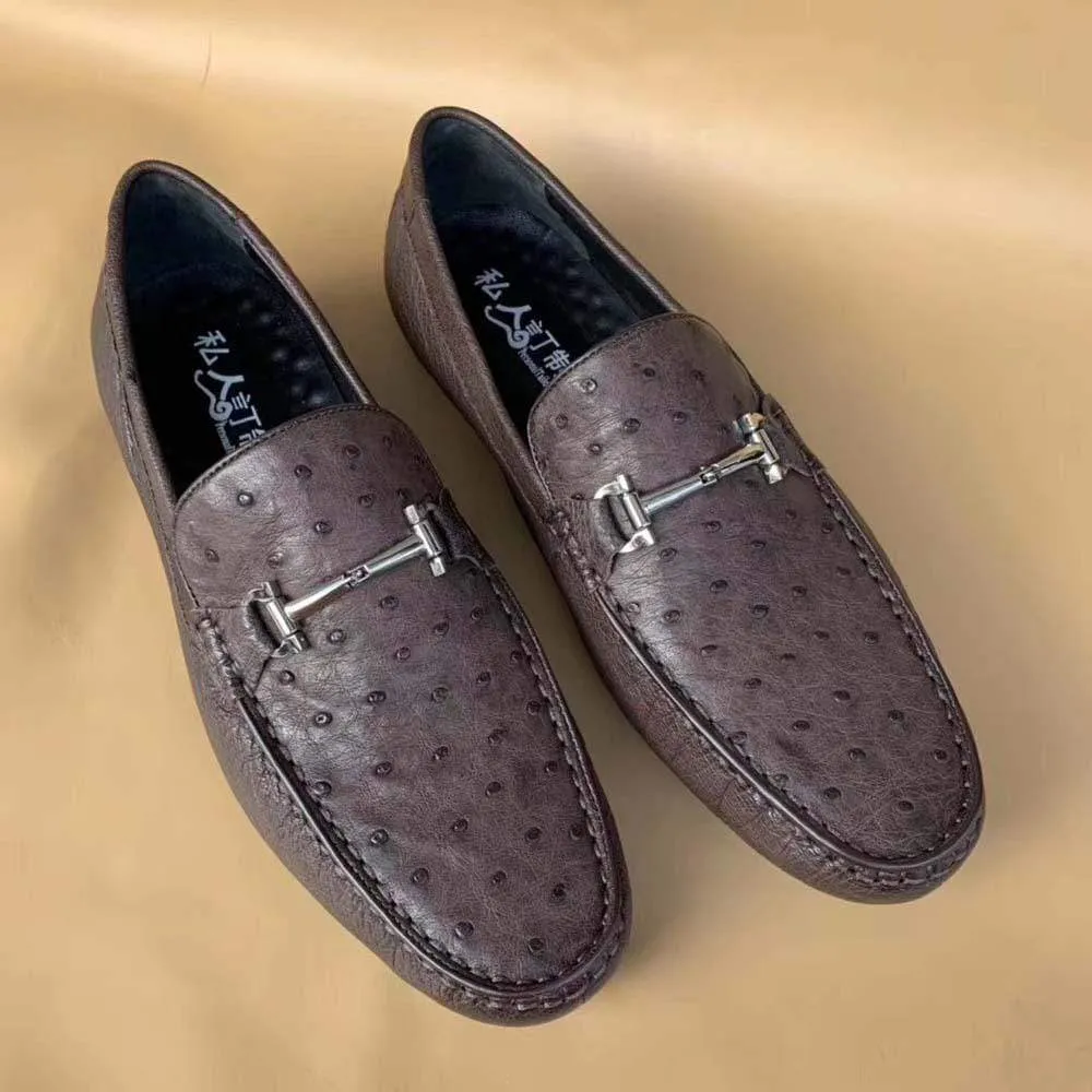 Happy Mood Easy Step Crocodile Shoes Men's Ostirch Leather Loafers Shoes Fashion Driving Shoes Business Dress Loafter Shoes Car Shoes Brown