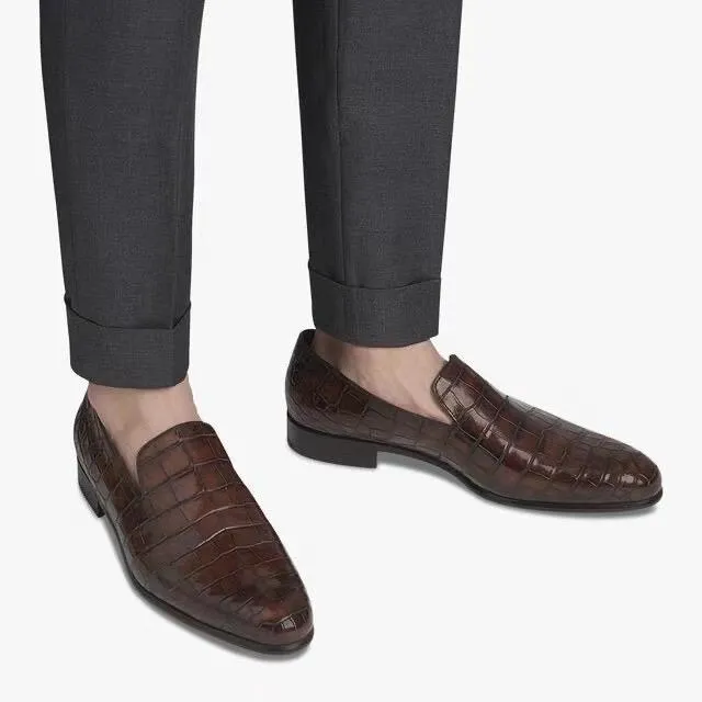 Crocodile Shoes Men's Penny Loafer Shoes, Genuine Crocodile Skin Leather Slip On Casual Dress Shoes Vintage Brown Market Lane Cushion Fit