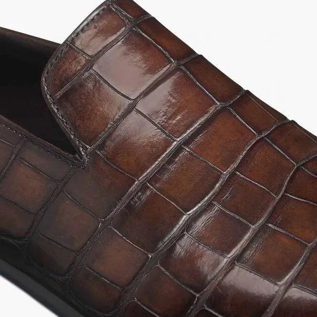 Crocodile Shoes Men's Penny Loafer Shoes, Genuine Crocodile Skin Leather Slip On Casual Dress Shoes Vintage Brown Garden Path soft fit