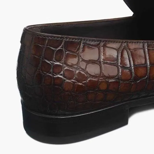 Crocodile Shoes Men's Penny Loafer Shoes, Genuine Crocodile Skin Leather Slip On Casual Dress Shoes Vintage Brown Book Fair Sky Walk